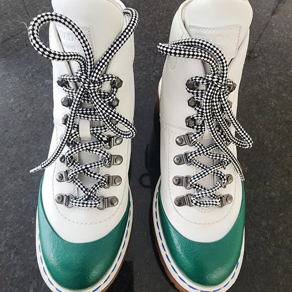 Prada White / Emerald Green Colorblock Leather Lace-Up Hiking Boots - Picture 13 of 16